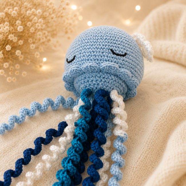 Pieuvre crochet bleu ciel et blanc avec tentacules bouclées en décoration douce