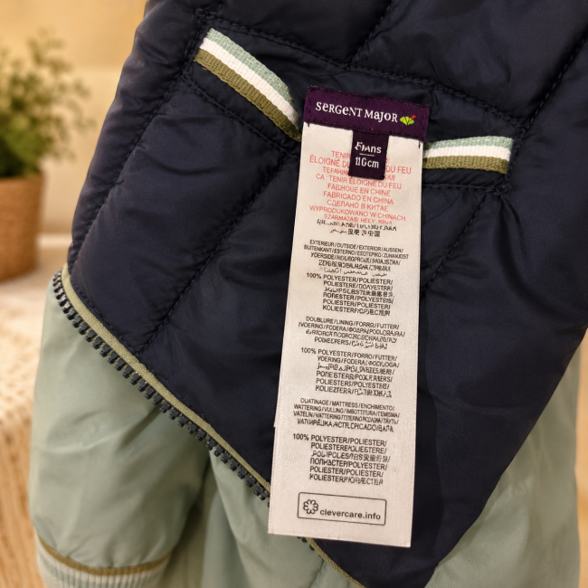Étiquette Sergent Major taille 2 ans avec composition de la doudoune