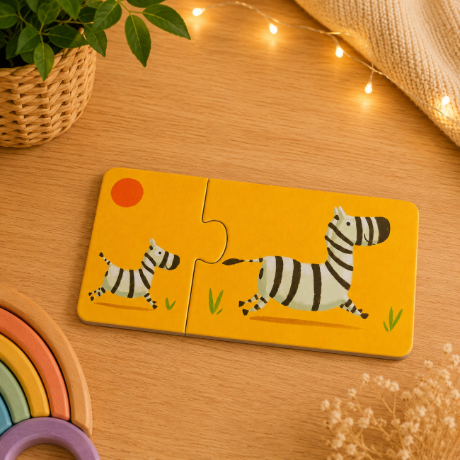 Puzzle deux pièces avec un petit et un grand zèbre sur fond jaune