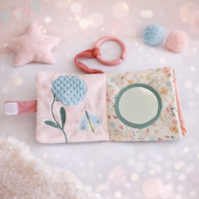 Livre d’éveil en tissu avec fleur brodée et miroir sécurisé, tons pastel rose et bleu