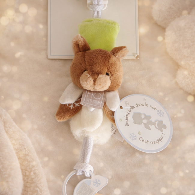 Doudou lumineux Histoire d’Ours avec cordon tressé blanc, attache-sucette 23 cm