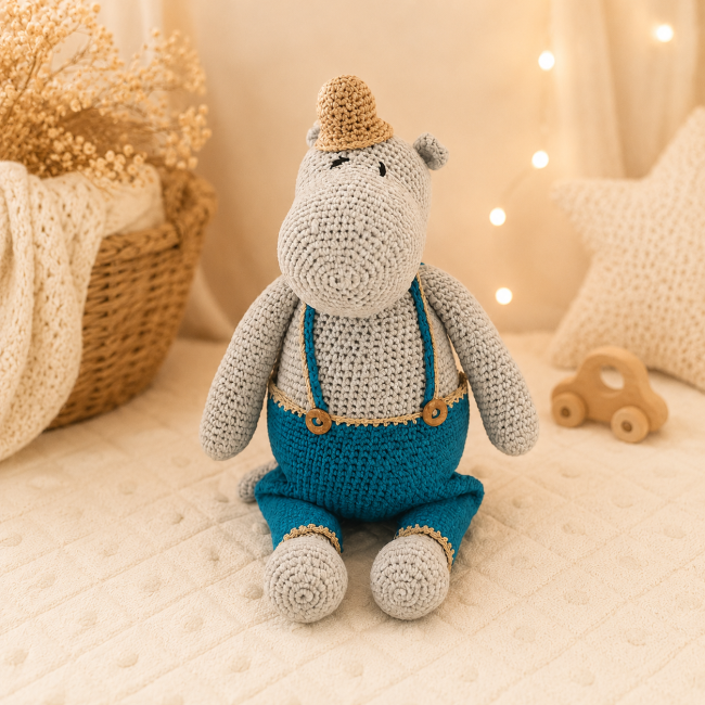 Peluche hippopotame faite main au crochet dans une ambiance douce et cocooning
