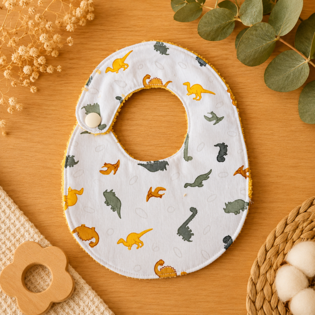 Bavoir T1 bébé motif dinosaures côté imprimé Bavoir bébé T1 côté tissu avec motif dinosaures colorés sur fond blanc