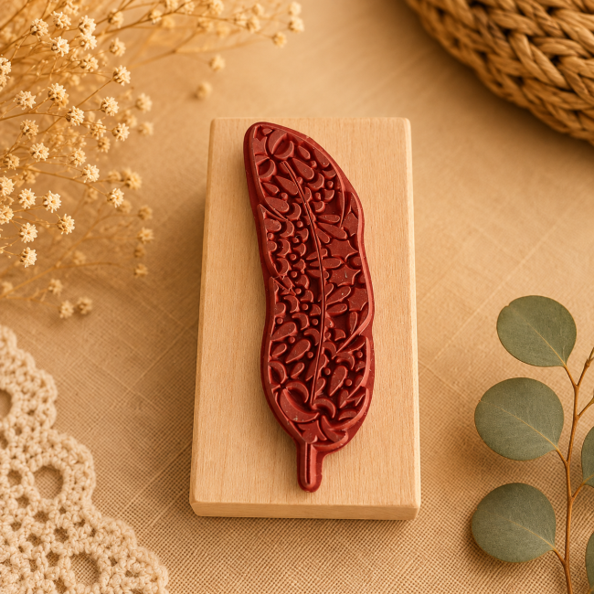 Tampon Artemio en bois avec motif plume décorative rouge