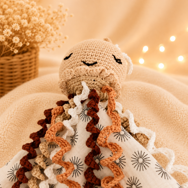 Dessous de la tête de pieuvre artisanale avec tentacules crochetées écrues et terracotta