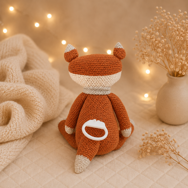 Boîte à musique renard fait main avec anneau de tirage Renard en crochet artisanal avec anneau de boîte à musique posé sur couverture blanche