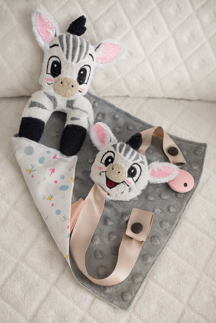 Doudou zèbre et attache-sucette faits main en tissu doux – Bouille de Laine
