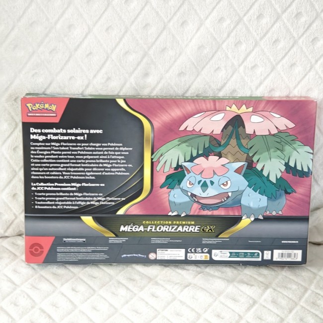 Présentation du contenu du coffret Méga-Florizare EX - Collection Premium Pokémon Dos du coffret Pokémon Méga-Florizare EX - contenu détaillé et illustration du Pokémon
