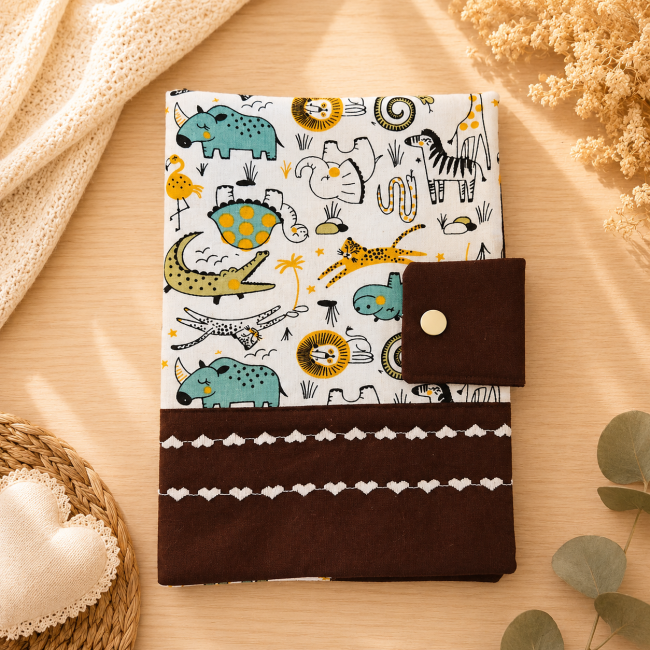Détail des animaux de la savane sur le protège-carnet de santé artisanal