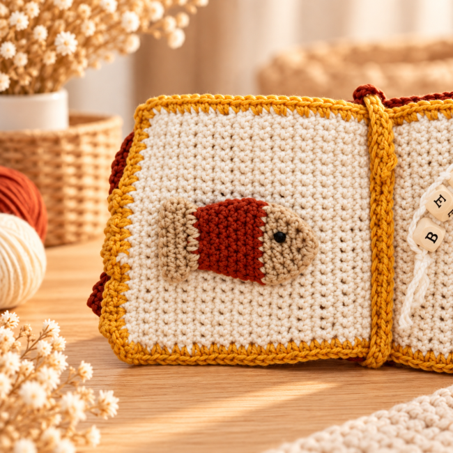 Livre éducatif en crochet avec motif poisson pour éveil visuel Page de livre crocheté avec poisson beige et marron
