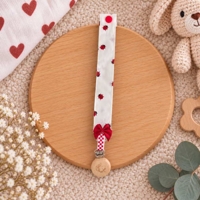 Attache sucette artisanale blanche à motifs coccinelles avec nœud rouge
