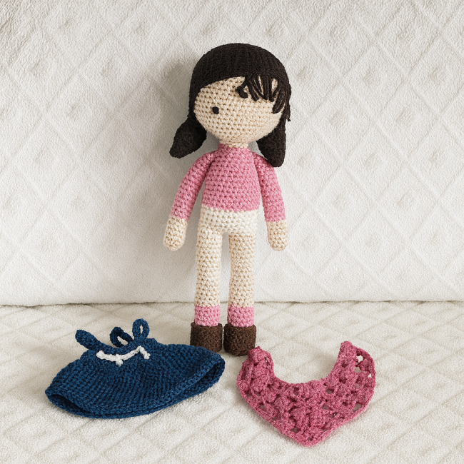 Poupée crochetée artisanale avec cheveux noirs, tenue rose et blanche, accompagnée d’une robe bleue et d’un châle rose sur fond texturé blanc