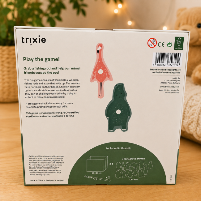 Dos de la boîte Trixie Zoo Game avec 12 animaux magnétiques et 2 cannes en bois