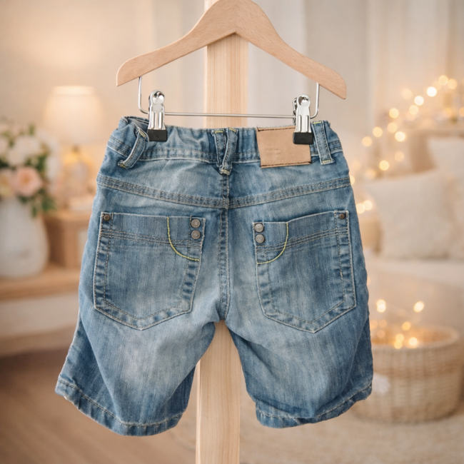 Short en jean bleu garçon 4 ans vu de dos, seconde main, présenté sur cintre.
