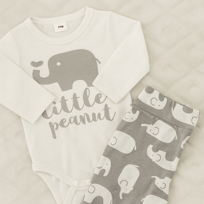 Tenue bébé 3-6 mois – body blanc uni et pantalon gris à motifs éléphants