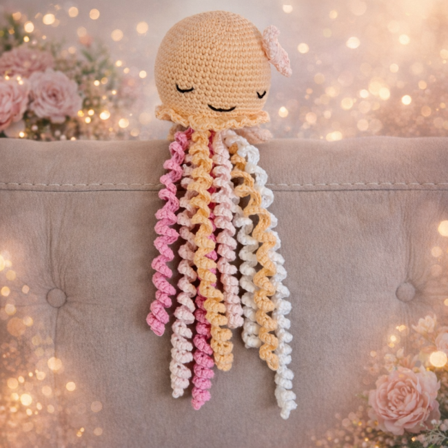 Pieuvre artisanale – ambiance lumineuse et délicate Pieuvre crochetée abricot et pastel, mise en scène avec fleurs et lumière chaleureuse