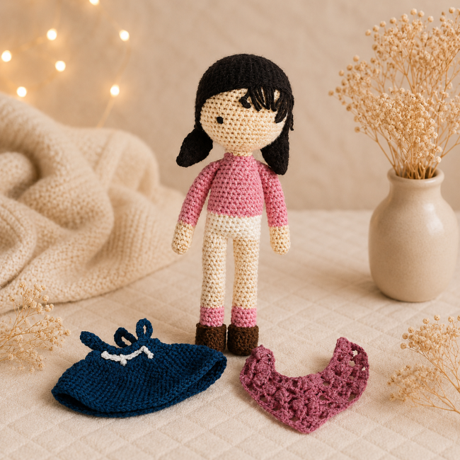 Poupée artisanale au crochet et ses accessoires Poupée au crochet personnalisable avec robe amovible bleu marine et châle rose assorti.