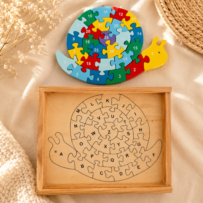 Puzzle escargot coloré et boîte en bois sans couvercle