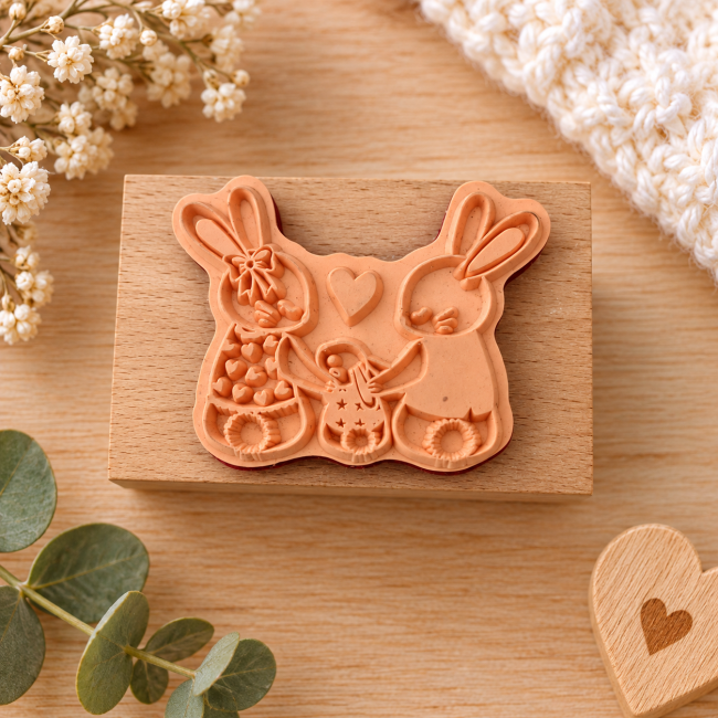 Tampon en bois Aladine motif lapins en famille pour scrapbooking