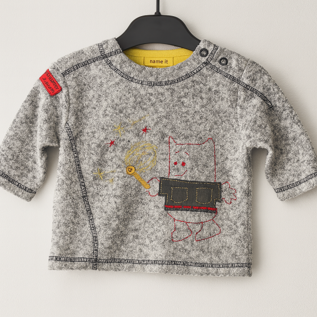 Sweat bébé Marèse gris avec broderie rouge et jaune d’un personnage tenant une baguette magique