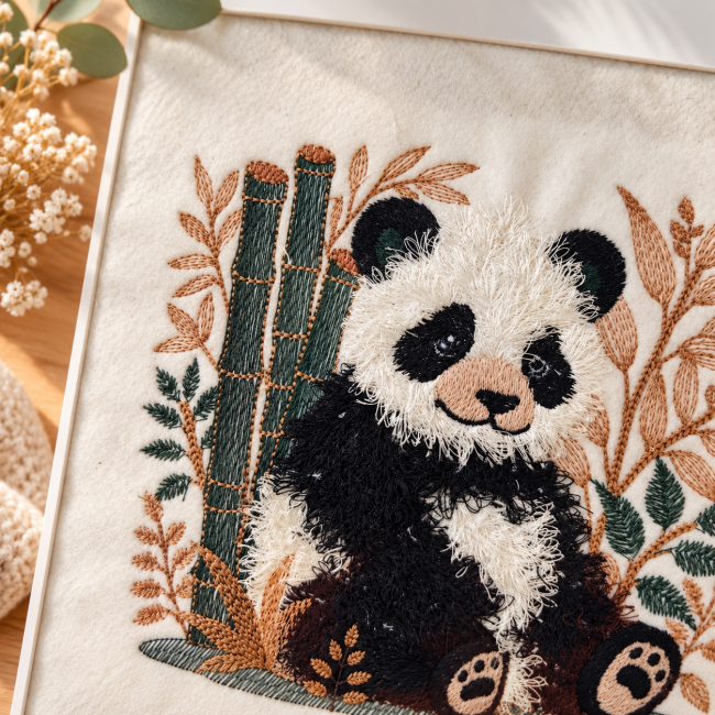 Détail de la broderie panda réalisée à la machine avec fil Madeira