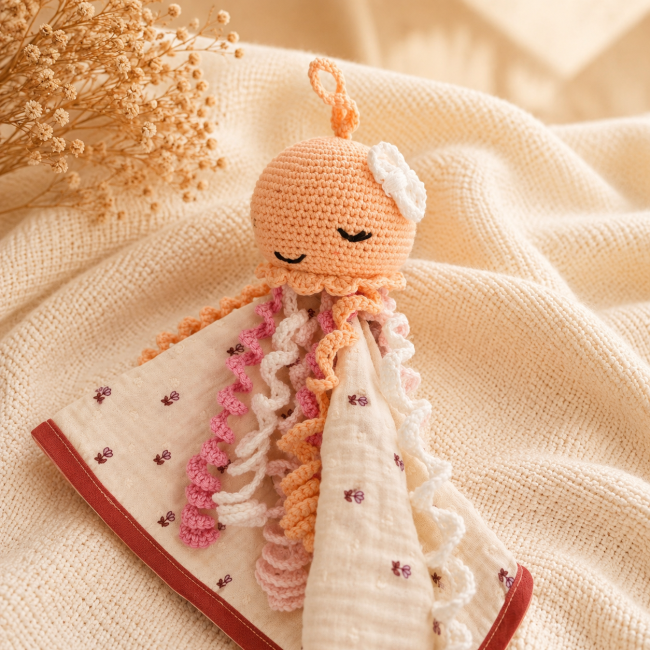Pieuvre artisanale pêche rose et écru vue de profil avec tentacules crochetées