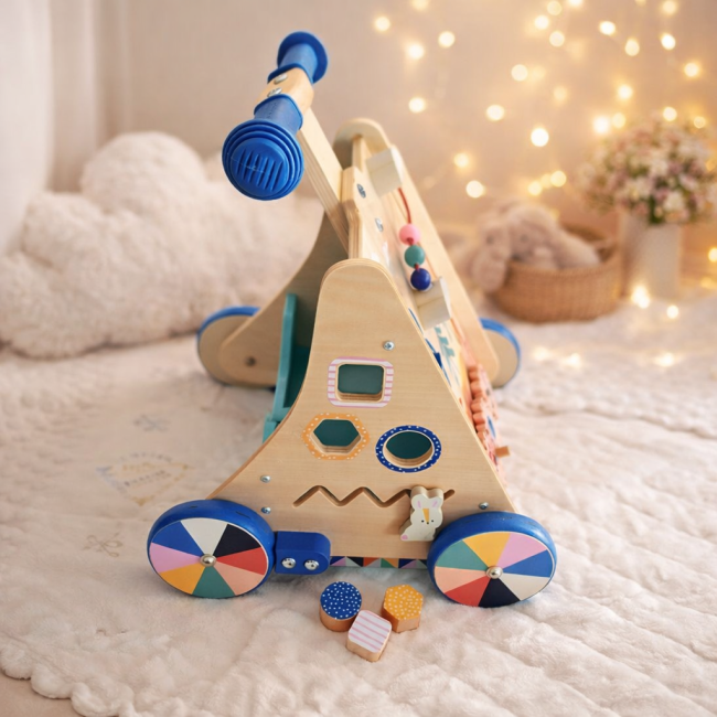 Chariot de marche en bois pastel pour bébé, seconde main en très bon état