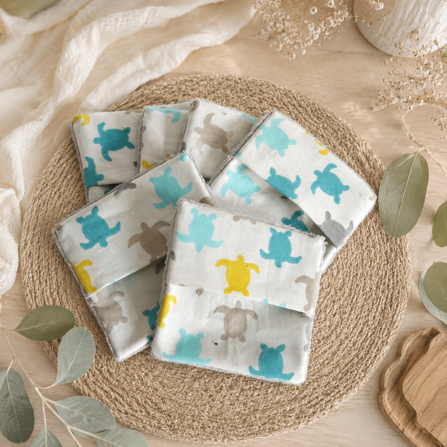 Lingettes démaquillantes lavables en fibre de bambou douce et absorbante et motif tortue