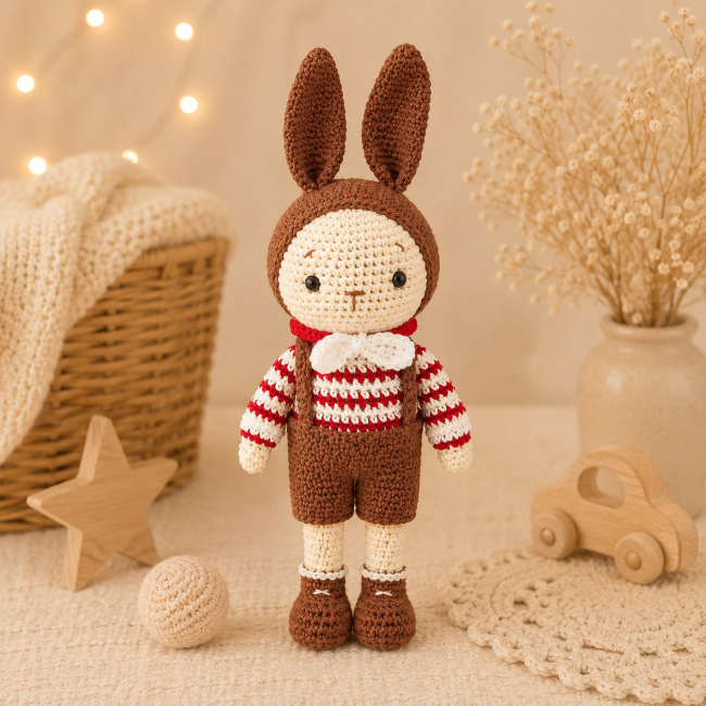 Lapin crochet artisanal cocooning bébé Poupée lapin au crochet dans une ambiance chaleureuse avec pelotes et accessoires artisanaux