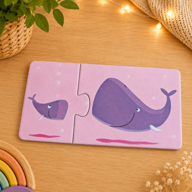 Puzzle deux pièces représentant une petite et une grande baleine violette