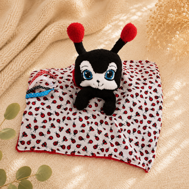 Doudou coccinelle – détails du tissu et des rubans sensoriels Gros plan sur doudou coccinelle aux yeux bleus et motif coccinelles