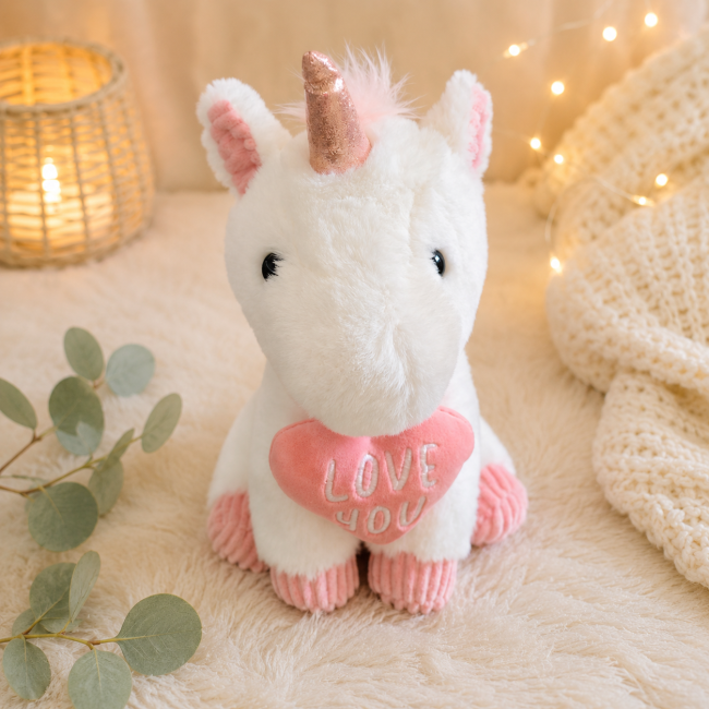 Peluche licorne blanche et rose de 30 cm environ