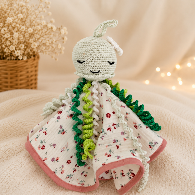 Pieuvre artisanale verte et fleurie – vue de face Pieuvre artisanale vert amande et écru avec tentacules crochetées