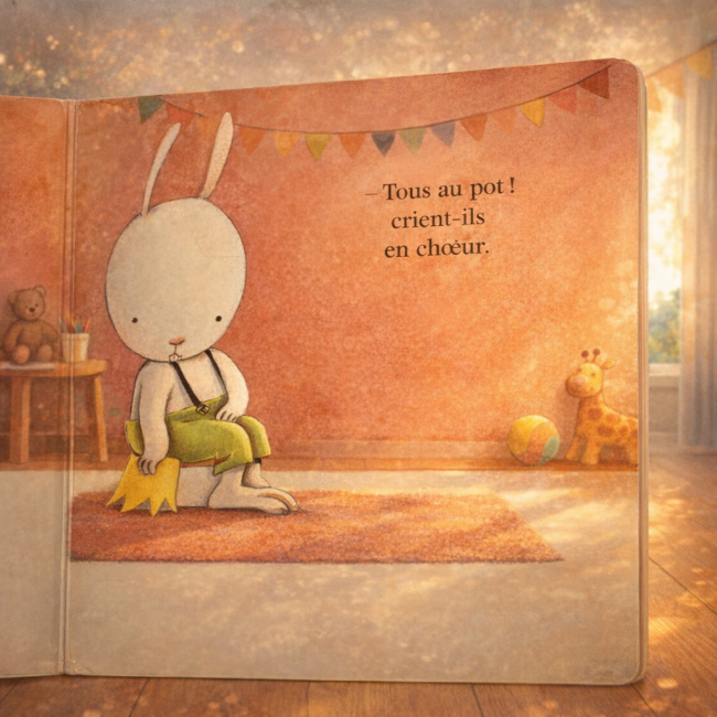 Lapin assis sur un pot dans une page du livre Tous au pot, décor chaleureux pour enfants.