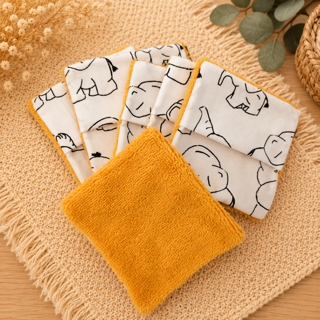 Lot de lingettes lavables artisanales pour bébé et maman en fibre de bambou