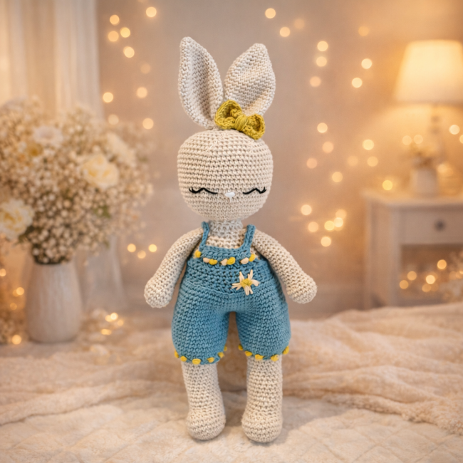 Peluche lapin au crochet avec yeux fermés, nœud moutarde et salopette bleue décorée d’une fleure, posée dans un décor féerique et lumineux.