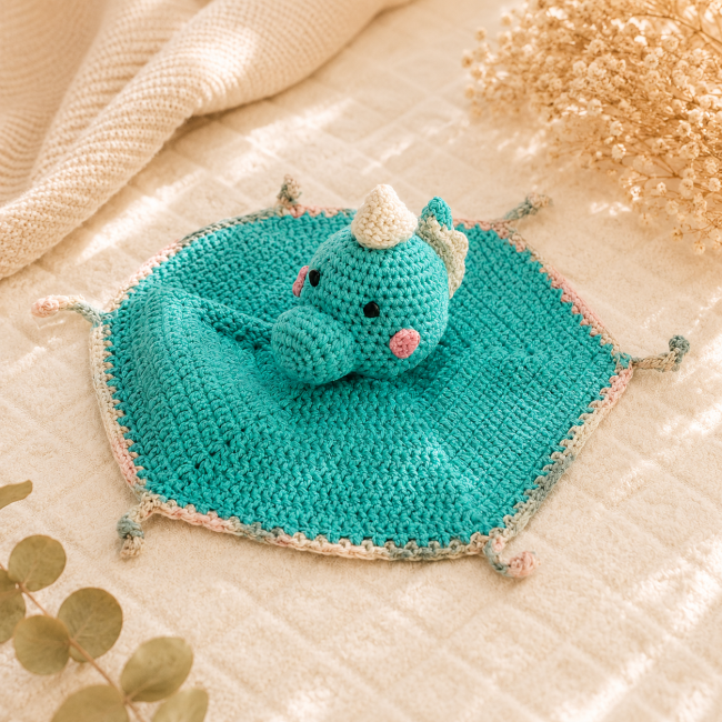 Dragon crochet turquoise – Doudou bébé artisanal Dragon turquoise au crochet posé sur un doudou fait main dans une décoration cocooning