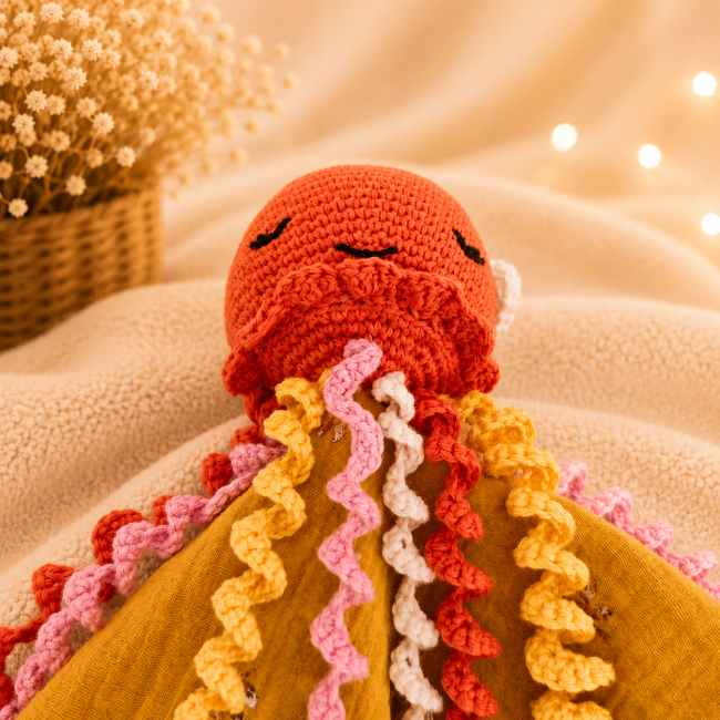 Dessous de la tête de pieuvre artisanale corail avec tentacules crochetées