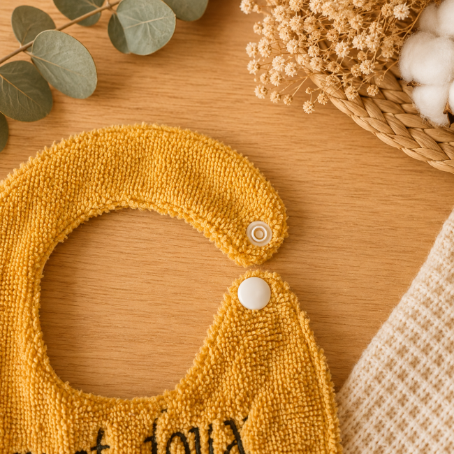 Bouton pression du bavoir bébé en fibre de bambou Gros plan du bouton pression d'un bavoir artisanal bébé en fibre de bambou jaune