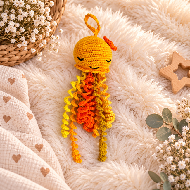 Pieuvre artisanale au crochet jaune et orange avec tentacules colorées
