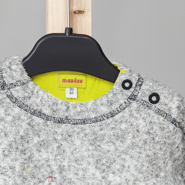 Sweat bébé Marèse gris chiné 3 mois avec doublure  et boutons pression sur l’épaule