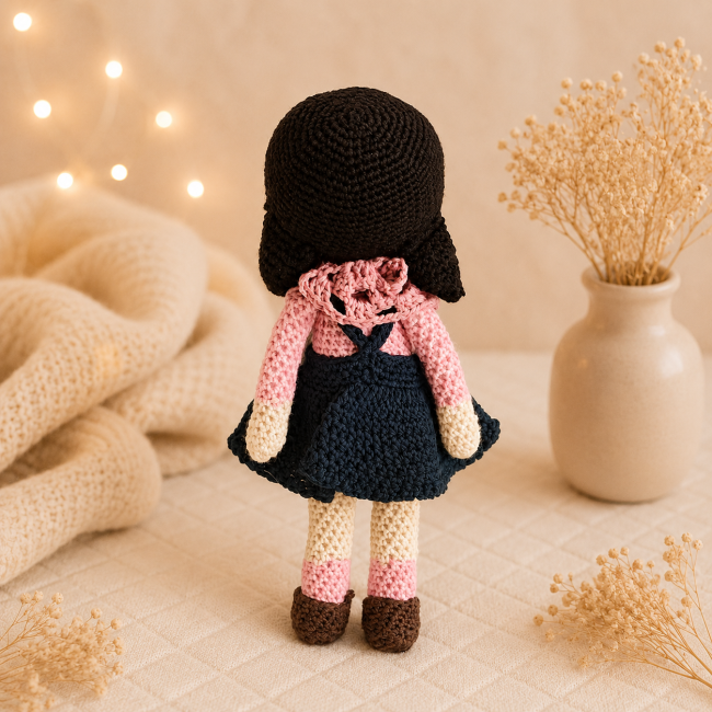 Vue arrière de la poupée au crochet artisanale Dos d'une poupée au crochet artisanale avec robe bleu marine et châle rose ajouré.
