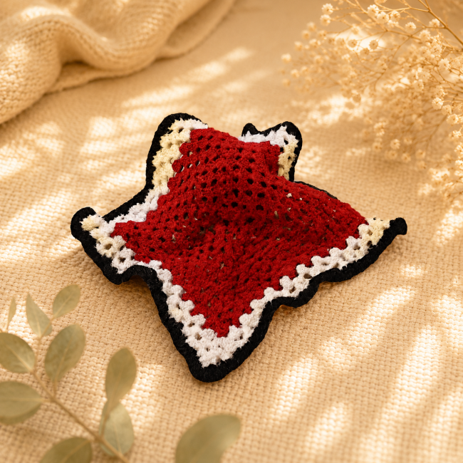 Doudou renard au crochet plié avec détails faits main dans une décoration naturelle