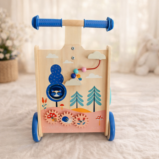 Détail du chariot de marche en bois, visserie et panneau bleu en très bon état