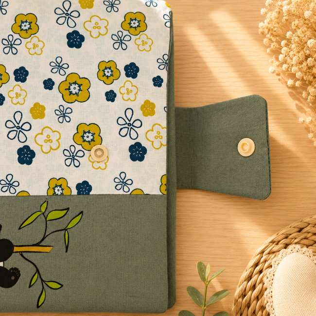 Fermeture du protège-carnet de santé vert Rabat vert sauge avec bouton pression du protège-carnet de santé