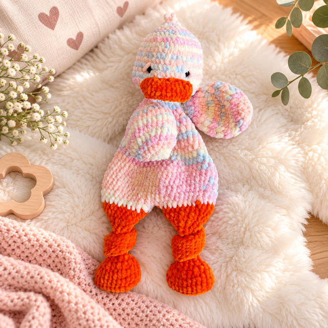 Doudou artisanal pastel au crochet avec pieds orange vue de face
