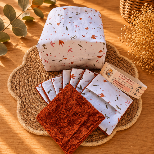 Dessous du pochon artisanal en coton motif feuilles d'automne fabriqué à la main