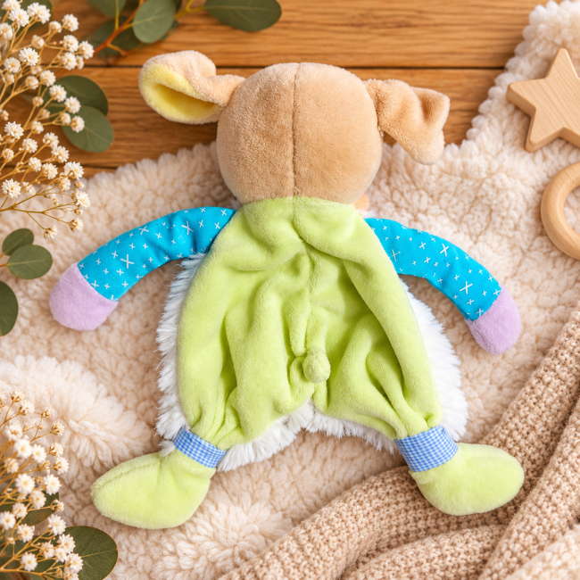 Doudou Doudou et Compagnie – vue arrièret Doudou Doudou et Compagnie coloré avec corps vert et bras turquoise
