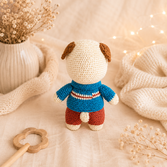 Chien crochet artisanal vue dos Vue arrière d’un chien au crochet artisanal avec vêtements colorés pour enfant