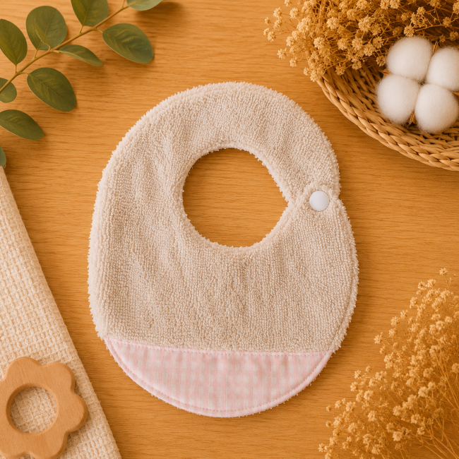 Gros plan sur la texture douce et moelleuse de la fibre de bambou d'un bavoir bébé T1